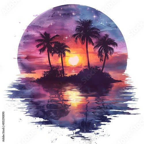 Night Tropical island Watercolor On White Background