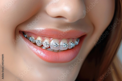 Close-up of Woman Smiling with Braces on shiny healthy teeth