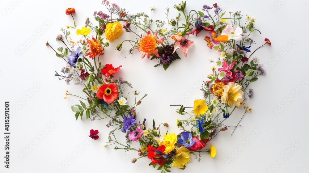 A heart symbol intricately crafted from vibrant flowers and delicate leaves set against a clean white background A heart symbol intricately crafted from vibrant flowers and delicate leaves set against a clean white background
