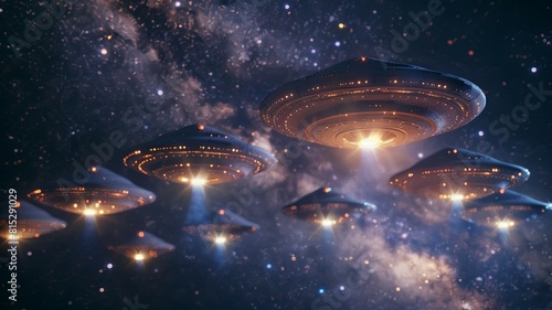 Fleet of UFOs flying in cosmic space - Multiple UFOs emit bright lights as they journey through a star-filled cosmic backdrop