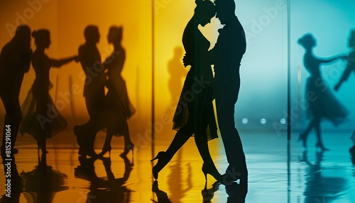 Silhouetted couples ballroom dancing - Silhouette of dancing couples with a vividly colored, reflective background creating an atmosphere of elegance photo
