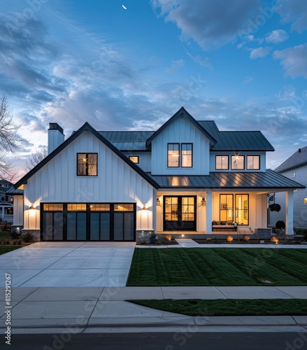 modern farmhouse style home in colorado, single story with large garage and front porch, black 