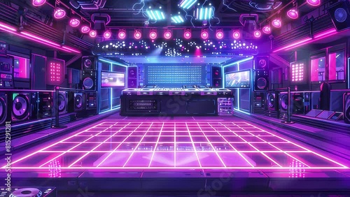 An empty retro-style disco club illuminated with vibrant neon lights and a shining disco ball reflecting on a checkered dance floor.