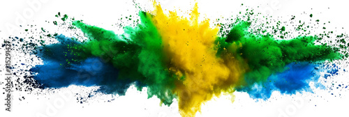 colorful brazilian flag green yellow blue color holi paint powder explosion on isolated white background. brazil rio de janeiro carnival qatar and celebration soccer fans travel tourism concept