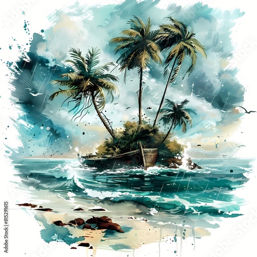 Rain in Tropical Island Watercolor Style On White Background