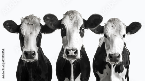 "Set of Three Black and White Cows, Animal Pack Isolated on White Background as Transparent PNG. Blank White Backdrop -