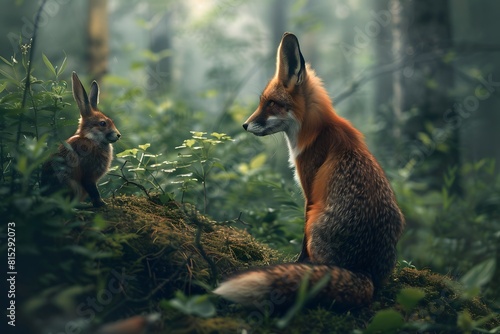 fox looking at the rabbit in lush green forest 8k wallpaper