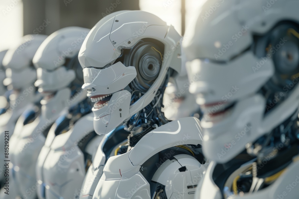 Fototapeta premium Robots Smiling Futuristic Artificial Intelligence Technology Group Humanoid Androids