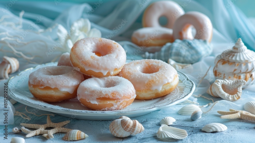 Delicious donuts displayed on a plate against a serene blue backdrop accompanied by seaside symbols like shells pebbles and stones evoke feelings of pleasure and relaxation Delicious donuts displayed on a plate against a serene blue backdrop accompanied by seaside symbols like shells pebbles and stones evoke feelings of pleasure and relaxation