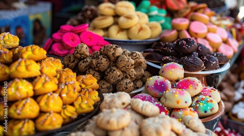 During the Catholic Corpus Christi festivities in Ecuador you can indulge in a variety of classic treats like cookies jelly candy and chocolate at the vibrant open market The colorful scene photo
