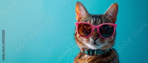 Stylish Cat with Pink Sunglasses, Cool and Quirky Closeup Portrait of a Tabby Cat, Blue Background © Funk Design