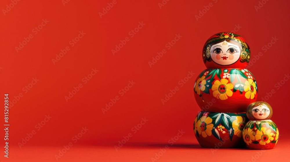 Three traditional nesting dolls with colorful floral patterns on red background