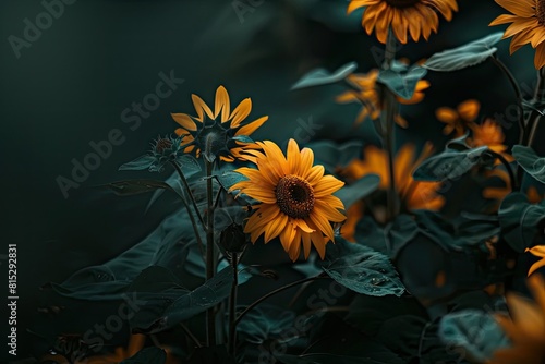 a group of yellow sunflowers with green leaves