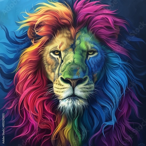 Male lion with rainbow-coloured hair