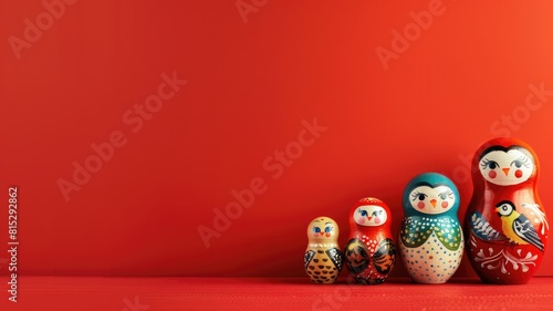 Four colorful nesting dolls set against bright red background