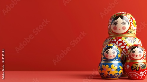 Three nested wooden dolls with colorful patterns on red background