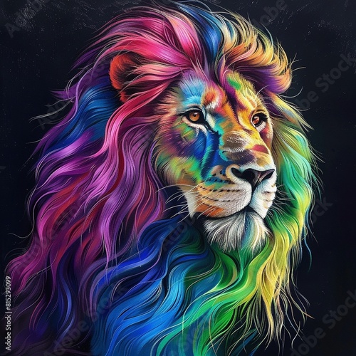 Male lion with rainbow-coloured hair