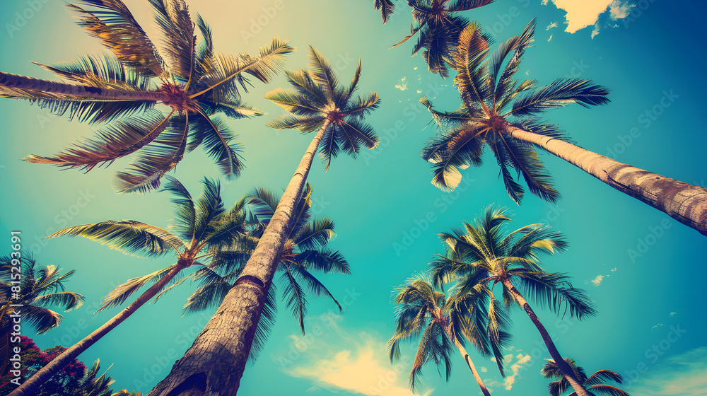 Blue sky and palm trees vintage view from below, tropical beach and summer background, travel concept.