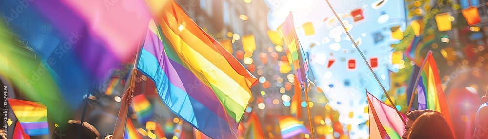 A gay pride festival in a city square with a rainbow flag and people. An outdoor party of the lgbtq community, with a wide angle view of people holding colorful flags on a blurred background on a sunn