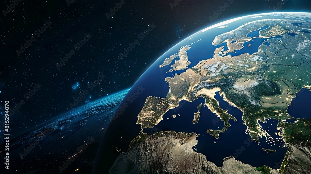 Earth from space with highlighted Europe and Asia - A high-quality rendering of Earth from space with Europe and Asia illuminated, showcasing our planet's geography Earth from space with highlighted Europe and Asia - A high-quality rendering of Earth from space with Europe and Asia illuminated, showcasing our planet's geography