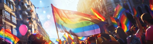A gay pride festival in a city square with a rainbow flag and people. An outdoor party of the lgbtq community, with a wide angle view of people holding colorful flags on a blurred background on a sunn photo