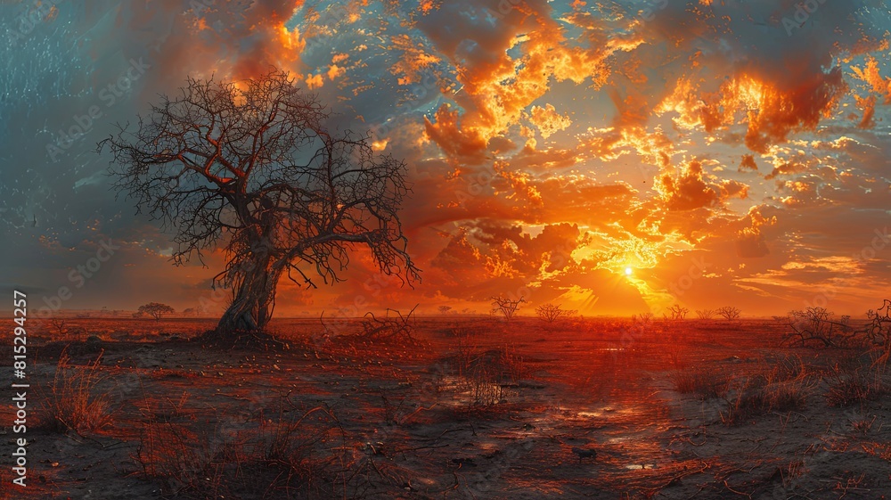 Fiery sunset over an African savannah - A stunning landscape portraying a solitary tree against a backdrop of an intense orange and red sunset sky with fiery clouds over an African savannah Fiery sunset over an African savannah - A stunning landscape portraying a solitary tree against a backdrop of an intense orange and red sunset sky with fiery clouds over an African savannah