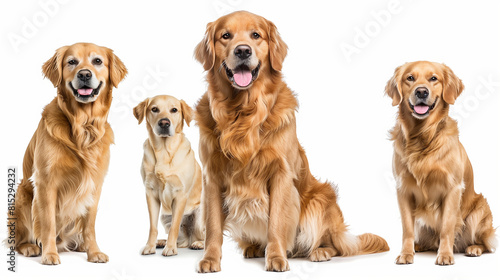 "Set of Three Dogs, Joyful Golden Retrievers (Portrait, Sitting, Standing) Isolated on White Background as Transparent PNG, Empty White Backdrop"