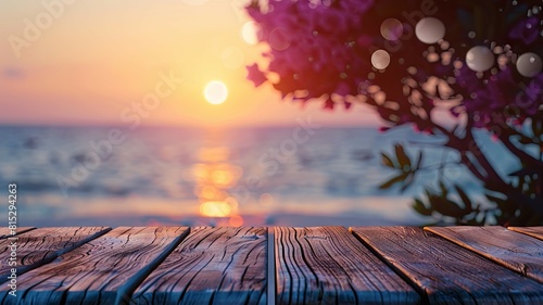 Wooden boardwalk with purple flowers at sunset - A serene sunset seen from a wooden boardwalk lined with vibrant purple flowers, offering a picturesque scene photo