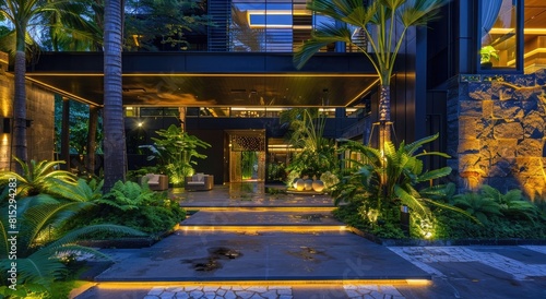 modern tropical hotel entrance  luxury architecture  LED lighting in the garden at night  exterior view  architectural photography 