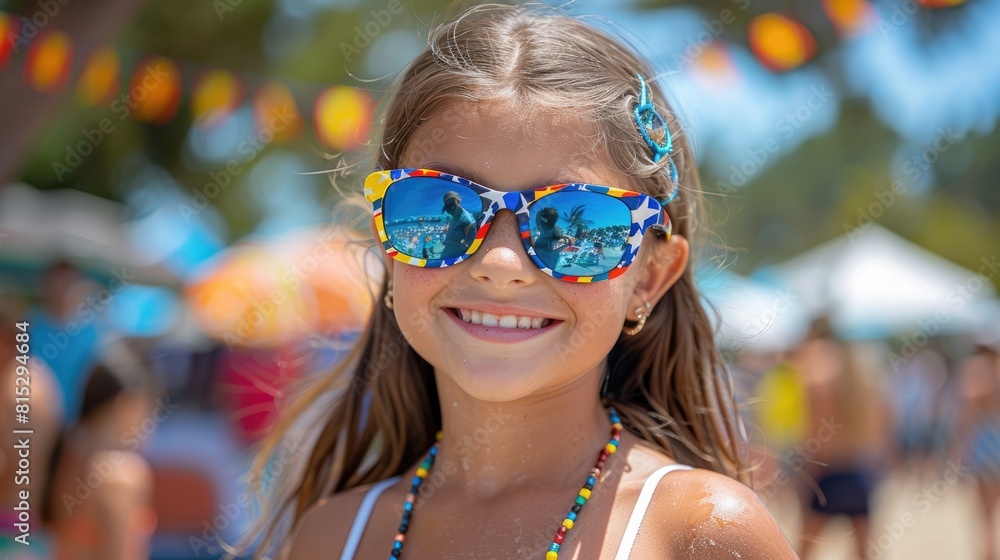 little girl wearing blue sunglasses with the American flag pattern, smiling and looking at the camera, The background of an American Day celebration
