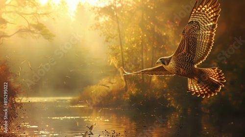 One flying falcon in the nature background in the sunset time  digital art