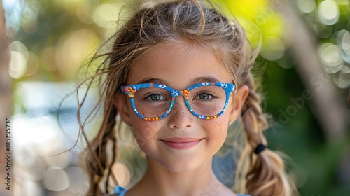 little girl wearing blue sunglasses with the American flag pattern, smiling and looking at the camera, The background of an American Day celebration