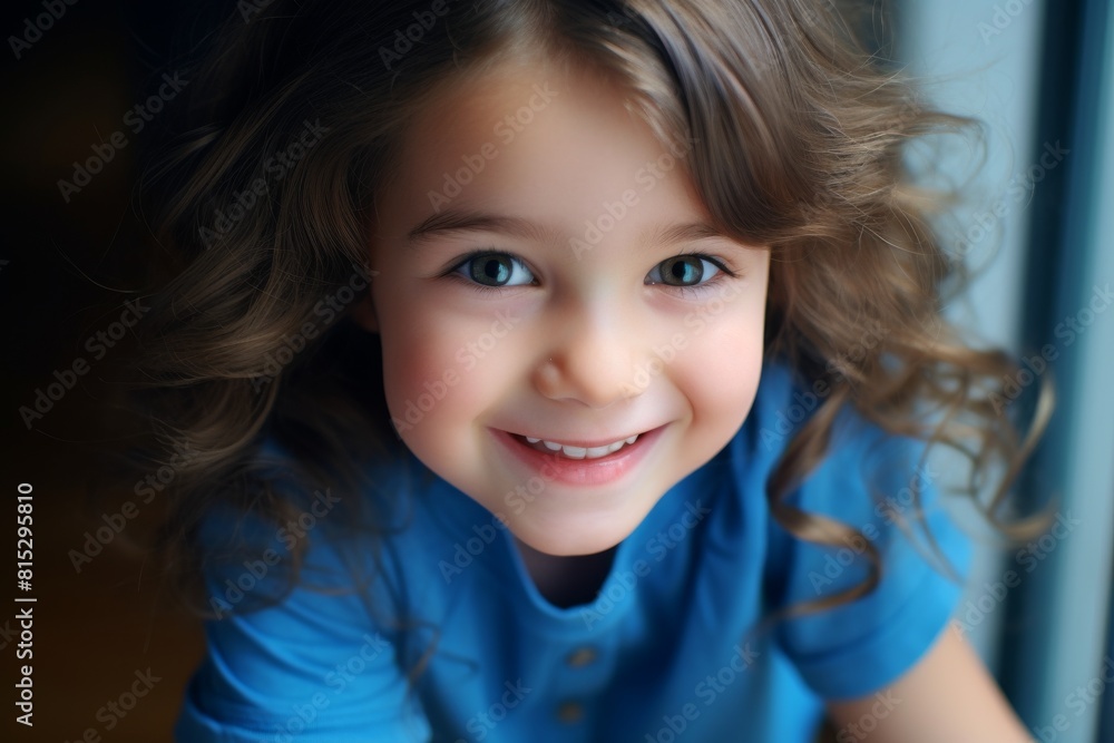An illustration of an adorable female child with long wavy brown hair wearing a blue outfit is smiling with her charming smile and haircut. An illustration of an adorable female child with long wavy brown hair wearing a blue outfit is smiling with her charming smile and haircut.