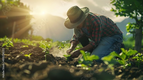 Farmer nurturing crops, sowing seeds of sustainability for future generations.