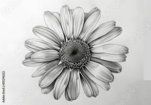 Detailed graphite drawing of a flower - An intricate black and white pencil drawing of a large daisy-like flower with detailed petals
