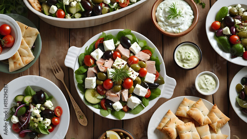 Selection of traditional greek food - salad, meze, pie, fish, tzatziki, dolma on wood background, top view