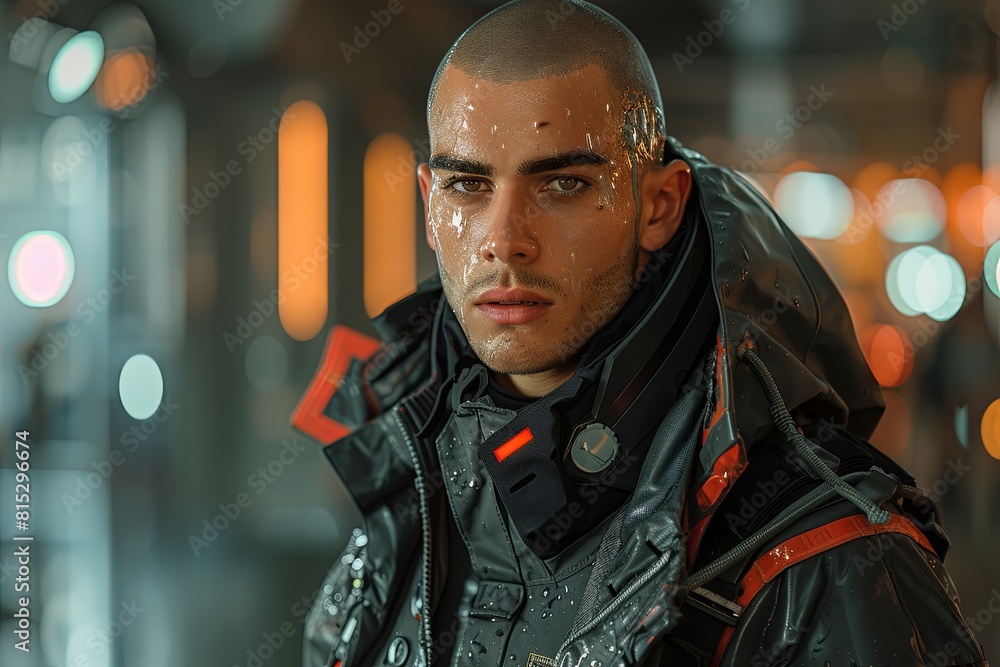 Muscular Young Bald Man in Raincoat: Intricate Fantasy Art Muscular Young Bald Man in Raincoat: Intricate Fantasy Art