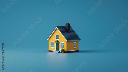 A minimalist house illustration with black roof and white windows on blue background featuring small yellow house and black © Momo Art