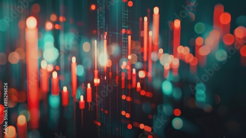 Financial market analysis portrayed with candlestick charts and economic indicators, depicting market volatility and trends.