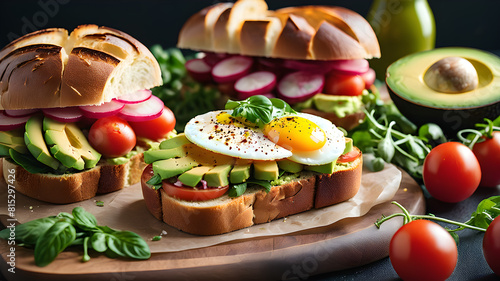 Breakfast sandwich bread with avocado, egg, radishes and tomatoes. Bruschetta or healthy snack ideas