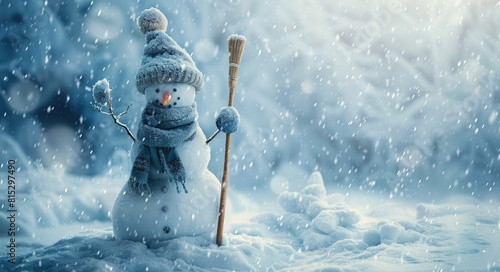 photo of a happy smiling snowman with a scarf and hat standing in the white winter landscape, holding a broom during a blizzard with heavy snowfall, soft blue color palette, beautiful light. photo