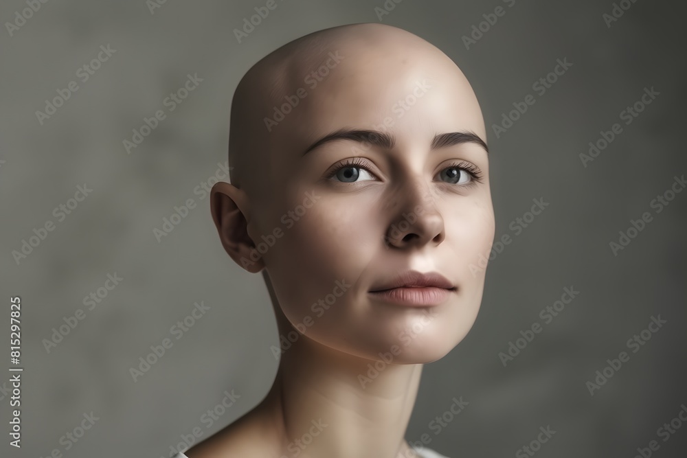 Portrait of bald woman suffering alopecia after chemotherapy for cancer treatment with copy space Portrait of bald woman suffering alopecia after chemotherapy for cancer treatment with copy space
