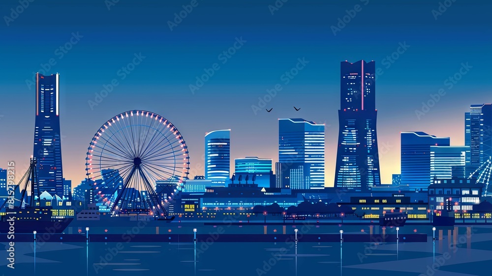 City skyline with futuristic design at dusk - This illustration showcases a futuristic city skyline with a silhouette of a ferris wheel at dusk