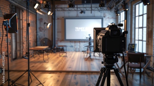 Photo of A virtual studio for live streaming with a large screen and camera equipment  set in an urban loft style room. Web banner with copyspace on the right