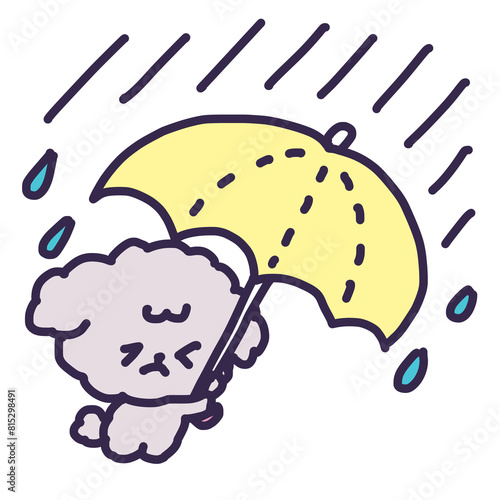 大雨の中傘をさしているかわいいトイプードルの子犬のイラスト
