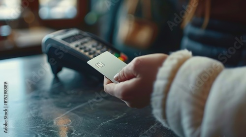 Hands holding a credit card and using a contactless payment terminal for a retail transaction, illustrating cashless payments and modern banking technology.  photo