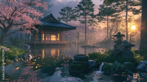 The warm sunset glow reflects on the tranquil waters of a koi pond by a traditional Japanese pavilion  surrounded by the soft pink hues of cherry blossoms. Resplendent.