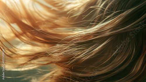Macro shot of silky hair strands flowing in the breeze, gleaming with health and vitality.