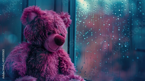 A melancholic pink teddy bear gazes out the window longingly on a rainy autumn day with raindrops tracing delicate patterns on the glass in a close up view photo