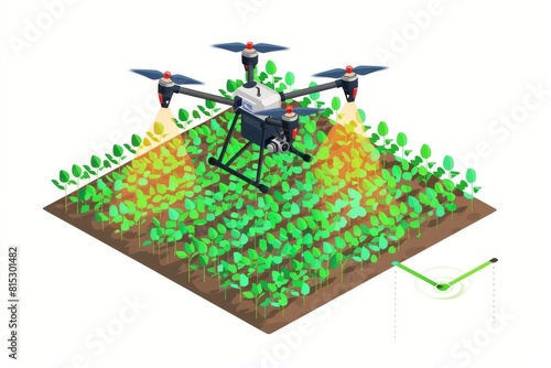 Agriculture benefits from connected drones in sustainable farming, focusing on wireless crop surveys within vibrant, isometric floral arrangements